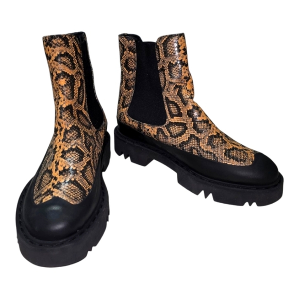Snakeskin Print Chelsea Boots Chunky Lug Sole Black Platform Ankle‎ Booties